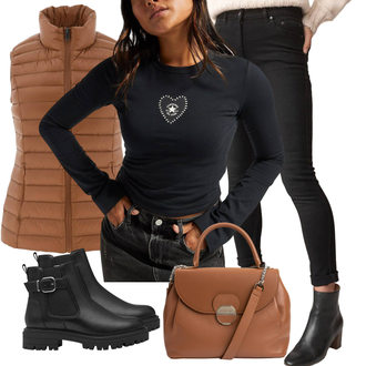 Chique Outfit met Donkerblauw/purper/blauw Jeans Lederen Jas/Slip-on Jeans/Push up Jeans/Lederen Schoenen/Winterjas/Enkellaars/Biker Jeans/Jeans met Normale Pasvorm/Slim Fit Jeans la redoute collections "Perfect voor de herfst"Look: Boho, Smart Casual, Trendy, Casual, Chique
