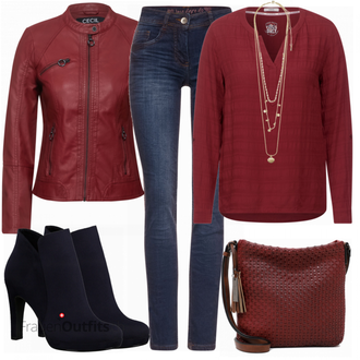 Outfit mit Schwarz Jeans CECIL, Rot Bluse CECIL "Herbstlicher Look"