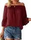 Bequemer Laden Damen Sommer Casual Bluse Elegant Oberteile Schulterfrei 3/4 Trompetenärmel Swiss Dot Spitze Tunika Tshirt Top，Burgund，M