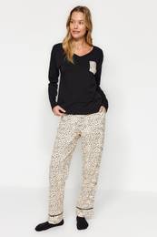 Black-Multicolor 100% Cotton Leopard Patterned Tshirt-Pants Knitted Pajama Set