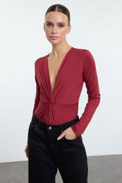 Burgundy Twist Detailed Fitted Stretchy Knitted Bodysuit with Bottom Studs