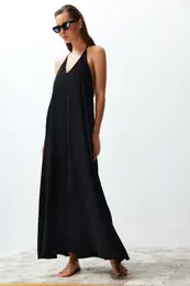 Black Maxi Woven Decollete Backless Beach Dress