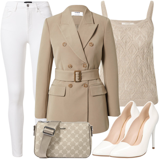 Moderne Outfit mit Beige/Khaki/Braun Mantel/Lederjacke/Zweireiher Blazer/Eleganter Blazer/Longblazer/Lederjacke für Männer about you x iconic by tatiana kucharova "Stylischer Bürolook"Look: Uni, Büro, Business, Französische, Maritim, Moderne, Edel, Classic