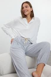 White-Grey 100% Cotton Tie and Slogan Elastic Detailed Knitted Pajama Set