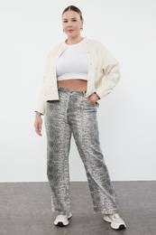 Curve Gray High Waist Animal Patterned Straight Fit Large Size Jeans