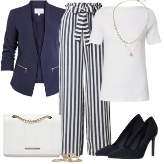 Pruhovaný Outfit s Modrá/Bílá/Tmavě Modrá Marlene Kalhoty/Široká Kalhoty/Mušelínové Kalhoty/Culotte Kalhoty/Plážová Kalhoty/Palazzo Kalhoty lollys laundry "Outfit na konference"