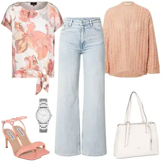 70er Outfit mit Hellblau Ausgestellte Hose/Schlaghose/Hose mit Schlitz/High Waist Hose/Weite Hose/Löcherne Hose/Bootcut Pant monki "Retro Sommerlook"Look: Retro, Uni, 70er