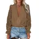 Estink Damen Pom Pom Chiffon Hemden V-Ausschnitt Lässige Langarm Swiss Dot Chiffon Blusen(M-Braun)
