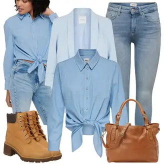 Mit Schleife Outfit mit Hellblau/Blau Bluse und Tunika/Bluse Große Größe/Casual Hemd/Jeanshemd/Hemdbluse Only "Eleganter Look"