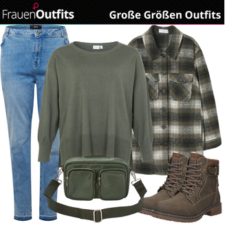 Outfit mit Dunkelgrün/Creme Wintermantel Wollmantel/Wollfleece Mantel/Vintage Mantel/Tweed Mantel/Oversize Mantel/Lodenmantel/Bouclé Mantel Mango "Plus Size Outfit für den Herbst"