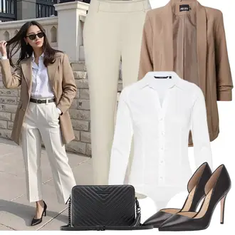 Business Outfits Büro Sommer mit Beige/Grau/Braun/Khaki Lederjacke für Männer/Eleganter Blazer/Lässiger Blazer/Blusenblazer/Lederjacke/Oversize Blazer/Longblazer/Kurzblazer/Boyfriend Blazer Pieces, Creme/Weiß Slim Fit Bluse/Blusenbody VERO MODA, Braun/Weiß/Dunkelbraun Vintage Pumpe/Lederschuh/Eleganter Schuh/Slingback Pumps/Slingpump/Bequemer Pump/Business-Schuh/High Heel Pumps/Hochfrontpump JESSICA SIMPSON "Eleganter Look"Look: Büro, Smart Casual, Business, Edel, Classic, Old Money, Elegant, Schick, Französische, Burlesque