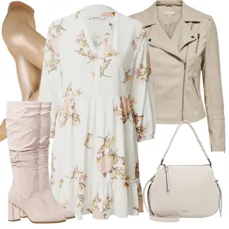 Matriční Úřad Nevěsta Outfit s Krémová/Béžová/Hnědá/Bílá Boho Šaty Elegantní/Letní Šaty/Tunikové šaty/Halenkové Šaty/Šaty s 3/4 Rukávem/Boho Letní Šaty/Šaty S Potiskem/Občanské šaty About You "Perfektní na jaro"Look: Křest, Matriční Úřad, Chatky, Den matek, Zvláštní příležitosti, Coachella, Malle, Zahradní večírek, Festival, 40. narozeniny, Koncert