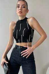 Trend Alaat Stili Women's Black High Collar Pearl Embroidered Halter Crop Knitwear Blouse