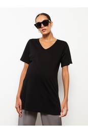 V-Neck Plain Short Sleeve Cotton Maternity T-Shirt