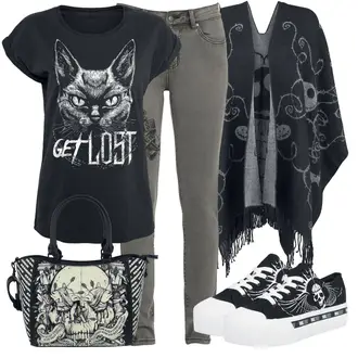 Outfit mit Schwarz/Grau/Dunkelgrau/Dunkelblau Poncho/Strickjacke Mit Fransen/Strick Poncho The Nightmare Before Christmas "Herbstliches Freizeit Outfit"