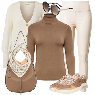 Outfit mit Braun Ledermantel/Slim Fit Jeans/Accessoire/Schultertasche Tamaris "Herbstlicher Look"