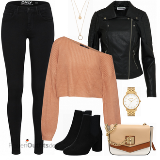 Outfit mit Schwarz/Dunkelgrün Mantel/Bikerjacke/KunstLederjacke/Lederjacke/Motorradjacke Noisy may "Nikki"