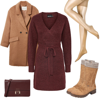 Outfit mit Braun/Beige Bouclé Mantel/Kaschmir Mantel/Lodenmantel/Midi Mantel/Oversize Mantel/Teddy Mantel/Vintage Mantel/Wollfleece Mantel/Wintermantel Wollmantel Tom Tailor "Warmes Outfit"