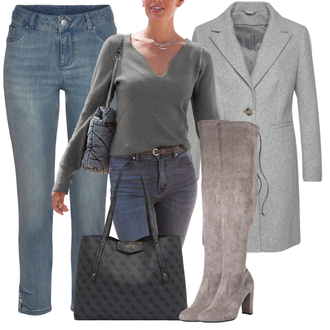 Outfit mit Grau/HellGrau/Braun/Beige Overknee Stiefel/High Heels Stiefel/Kniehoher Stiefel/Leder Overknee Stiefel/Langer Stiefel/Spitzer Stiefel/Stiefel Mit Reißverschluss About You "Trendiges Herbst Outfit"