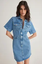 Blue Pocket Detailed Short Sleeve Mini Denim Shirt Dress