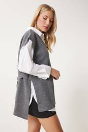 Happiness stanbul Women's Anthracite V Neck Belted Long Knit Sweater