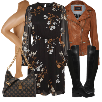 Outfit mit Schwarz/Lila BlusenKleid/HerbstKleid/Geblümte Kleid/Langärmliges WinterKleid/Langarm EtuiKleid/Bedrucktes Kleid VERO MODA "Cooles Herbst Outfit"