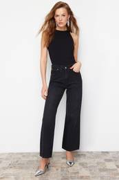 Black Stone Detailed High Waist Wide Leg Jeans