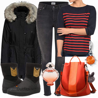 Outfit mit Schwarz/Dunkelblau Kurzmantel/Kapuzenmantel/Mantel mit Reißverschluss/Mantel mit Fellkragen/Wintermantel/Parka Only "Only Jeans"