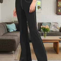 Women's Plus Size High Waist Flare Leg Pants - Casual Stretch Denim, Waistband, , Machine Washable, Plus Size Pants