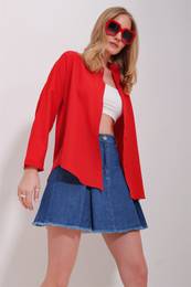 Trend Alaat Stili Women's Red Cuffed Cotton Basic Shirt
