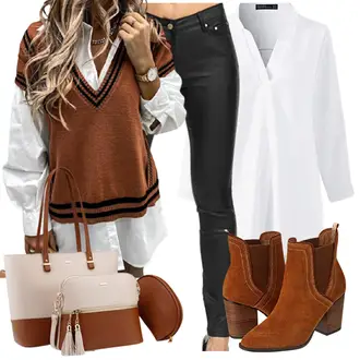 3/4 arm Outfit mit Grau/Weiß/Creme SchlupfBluse/Klassische Tunika/Tuniken-Shirt/LongBluse ZANZEA "Winterlicher Look"