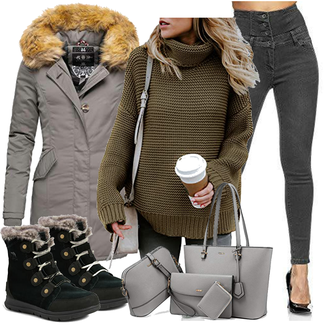 Steppung Outfit mit Grau/Beige/Khaki/Dunkelgrün/Braun Leichter Mantel/Daunenmantel/Mantel mit Reißverschluss/Parka/Schmal Geschnittener Mantel/Wintermantel/Mantel mit Fellkragen MARIKOO "Modisches Winter Outfit"