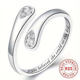 925 Sterling Silver Adjustable Cuff Ring With Synthetic Cubic Zirconia For Women - Simple & April Birthstone Jewelry, Inspirational Engraved For