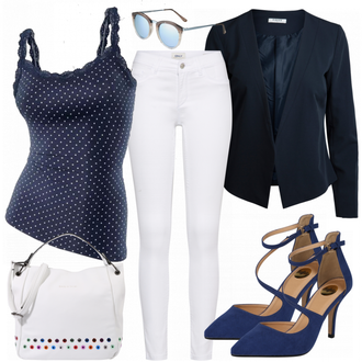 Outfit mit Weiß/Schwarz/Braun Bluse mit Lochstickerei/Bluse Oberteil/Kinderspielzeug/Schößchen­bluse/Verspielte Bluse/Volantbluse/Damen 7/8-Länge Jeans/Cropped Jeans/Schlaghose Jeans/Jeans-Culotte/Bundfaltenjeans/Formelles Hemd/Wide Leg Jean Only "Punktchen"