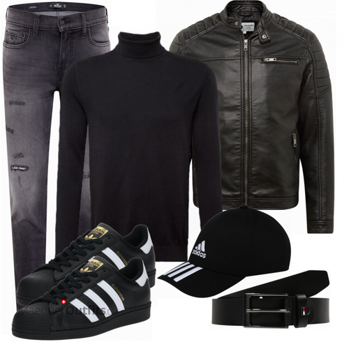 Schwarz/Weiß Lederjacke Jack & Jones kombinieren