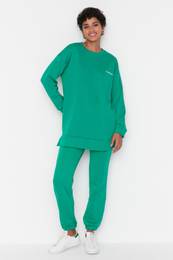 Green Embroidered Crew Neck Basic Knitted Tracksuit Set