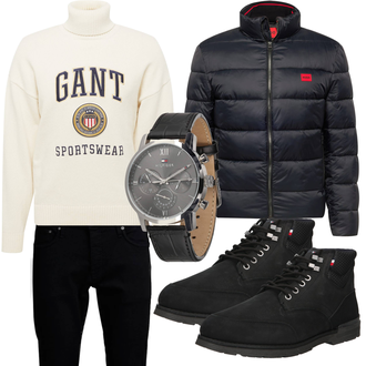 Outfit mit Schwarz/Dunkelblau Jeans Lederjacke/Slim Fit Jeans/Leder Schuhe/Low Rise Jean/Biker Jeans/Push up Jeans/Winterjacke/Jeans mit Schlitz/Tapered-Jeans/Low Waist Jean/ThermoJeans Jack & Jones "Freizeit Outfit"
