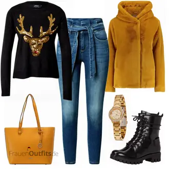 Outfit mit Schwarz/Silber/Beige/Türkis Strick Große/Sweatmode/Weihnachtspullover/Glitzer Pullover/Pullover Bedrucken/Samt Pullover/Vintage Pullover/Winterpullover Only "Goldenes Freizeitoutfit"