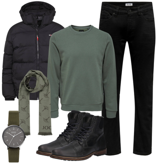 Winter Outfit mit Schwarz Klassischer Stiefel/Springerstiefel/Schnürstiefelette/Leder Stiefelette Bullboxer "Freizeit Outfit"