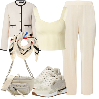 20-ta leta outfit mit Bež/Bela/Khaki Nagubane Hlače/Hlače z Visokim Pasom/Hlače iz muslina/Hlača z Razporkom/Slip-on Hlača/Ravna Hlača "Barvita pomladna oprava"Look: Stil, 20-ta leta, Klasična, Eleganten, Stari denar, Zunaj
