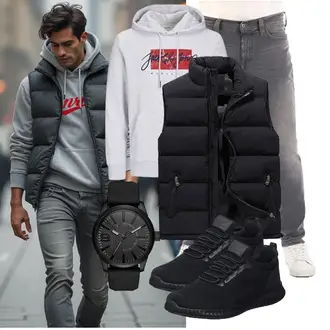 Ärmellos Outfit mit Schwarz/Dunkelgrau Funktionsweste/Ärmellose Weste/Outdoorweste/Reiseweste/Kurze Weste/Daunenweste/Puffer Weste AnyuA "Freizeit Outfit"