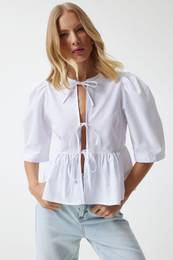 Happiness stanbul Women's White Bow Balloon Sleeve Cotton Poplin Blouse