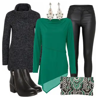Party Outfits mit Schwarz/Weiß Lederjacke/Lederimitathose/Lederlegging/Leggings Lederoptik/Lederhose/Skinny Hose/Treggings/Biker Jeans/Thermojeans Vila "Smaragd"