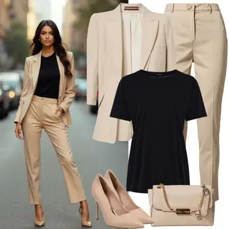 Chic outfity Léto s Béžová Malá Taška/Brašna/Sportovní Taška Přes Rameno Kazar, Béžová/Khaki Kalhoty se Štěrbinou/Úzká Kalhoty/Ležérní Kalhoty/Obleková Kalhoty/Twillová Kalhoty/Business Kalhoty/Kalhoty s Vysokým Pasem/Skinny Kalhoty B.young, Černá/Tmavě modrá/Béžová Bavlněný Sako/Krátké Sako/Cargo Sako/Blejzrové Bund/Boyfriend Sako/Kordové Sako/Teplákový blejzr/Oversize Sako About You, Černá Síťované tričko karl lagerfeld, Béžová/Khaki Platform Sandal/Sandál s podpatkem/Lodička na Platformě/Bota s Platformou/Sandál Na Širokém Podpatku/Sandál Na Podpatku/Bota Na Podpatku/Peeptoe Kazar "Obchodní oblek"