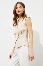 Stone Bone Button Detailed Double Breasted Woven Blouse