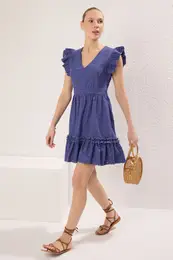Indigo Brode Skater/Waist Open Mini Lined Woven Dress
