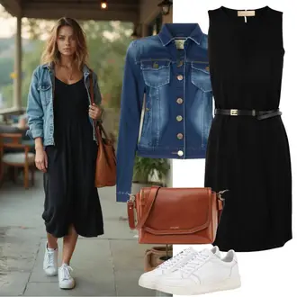 Koncer Outfit sa Crna haljina s volanima Faina, Plava/Svjetloplava Traper Jakna/Kratka Traper Jakna AG Jeans, Smeđa/Bež/Tamnocrvena Torba za rame/Torbica za telefon/Torbica/Torba preko ramena/Mala Torbica/baguette vrećica/Torba za pisma/Vrećica L.CREDI, Bijela Niska Tenisica/Tanka tenisica/Tenisica s platformom/Rupičasta tenisica Puma "Proljetni odjevni outfit"Look: Brvnare, Festival, Koncer, Rođendan, 60. rođendan, 40. rođendan, Posebne prigode, Škola, Bar, Malle, Fašnik, Gala, Vjenčanje, Sprovod
