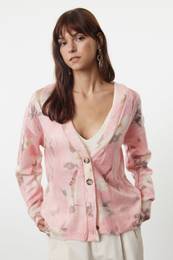 PinkSoft Textured Printed Detailed Knitwear Cardigan