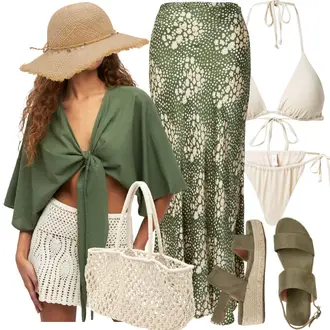 Outfit mit Dunkelgrün/Grün HemdBluse/Casual Hemd/Musselin Hemd/Bluse Mit Schleife/SchluppenBluse/WickelBluse Pull&Bear "Strand Outfit"