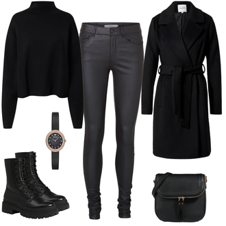 Outfit mit Schwarz Übergangsmantel/Kaschmir Mantel/Lodenmantel/Midi Mantel/Trenchcoat/Women's Trenchcoats/Wollmantel/Wintermantel Wollmantel Mbym "Schwarzer Look"